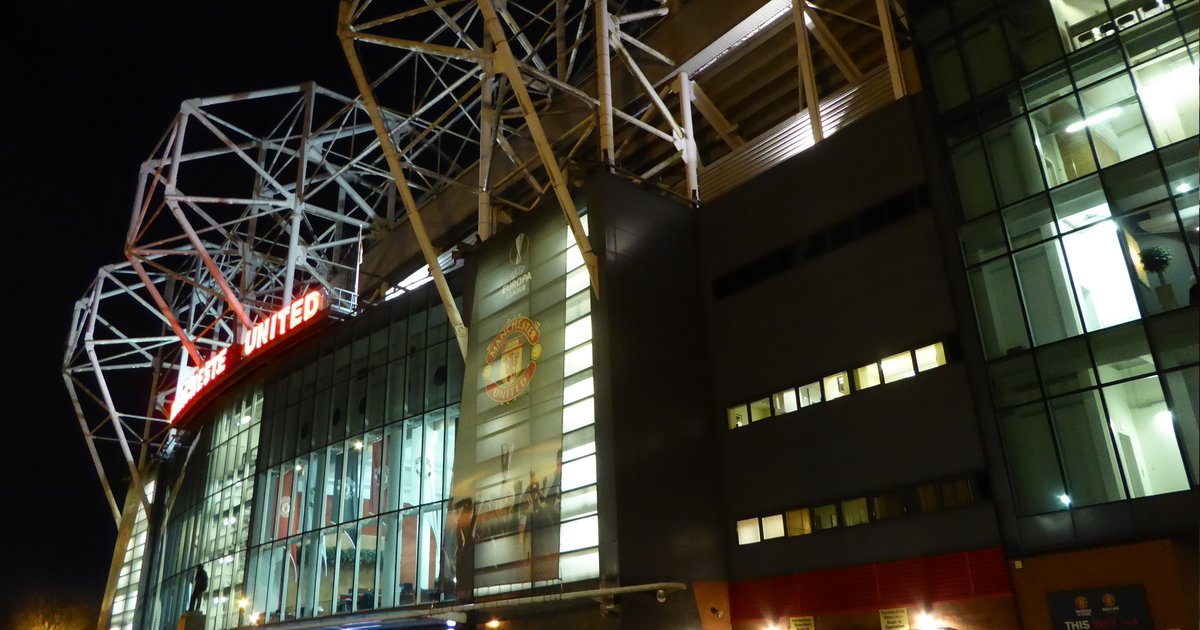 Old Trafford exterior lit up at night before the Europa League match against Zorya Luhansk in September 2016