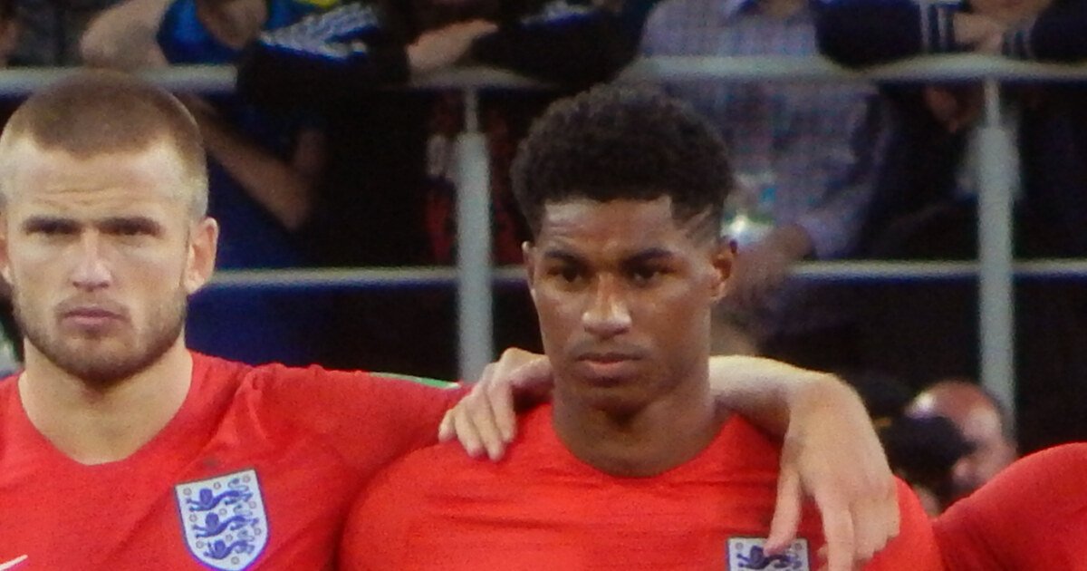 Marcus Rashford (number 19) lining up with England during the 2018 World Cup penalty shootout win over Colombia