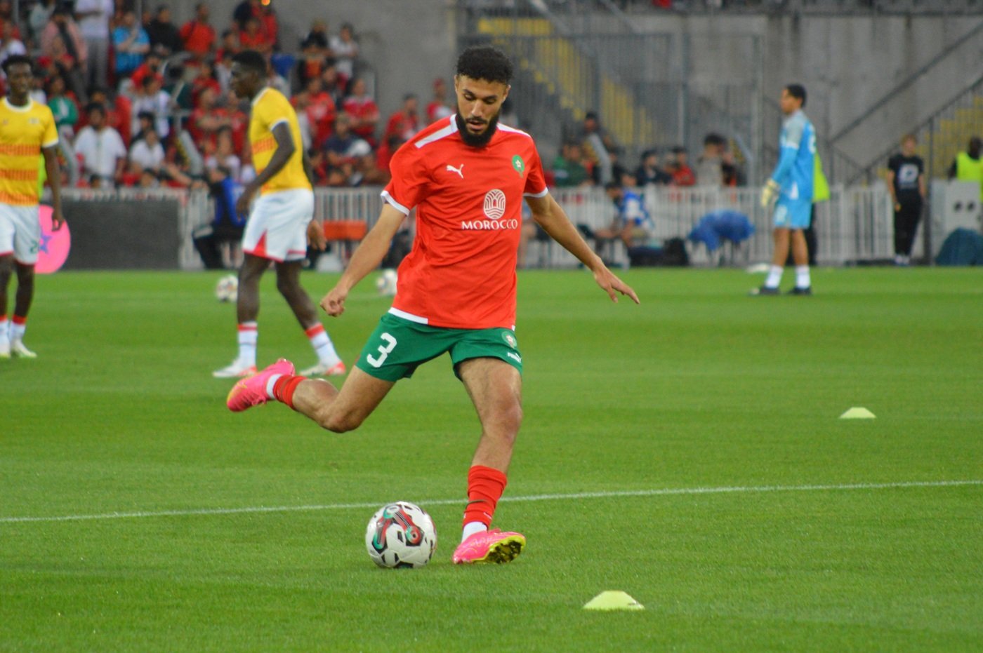 Noussair Mazraoui playing for Morocco against Burkina Faso at Lens in September 2023, archive photograph