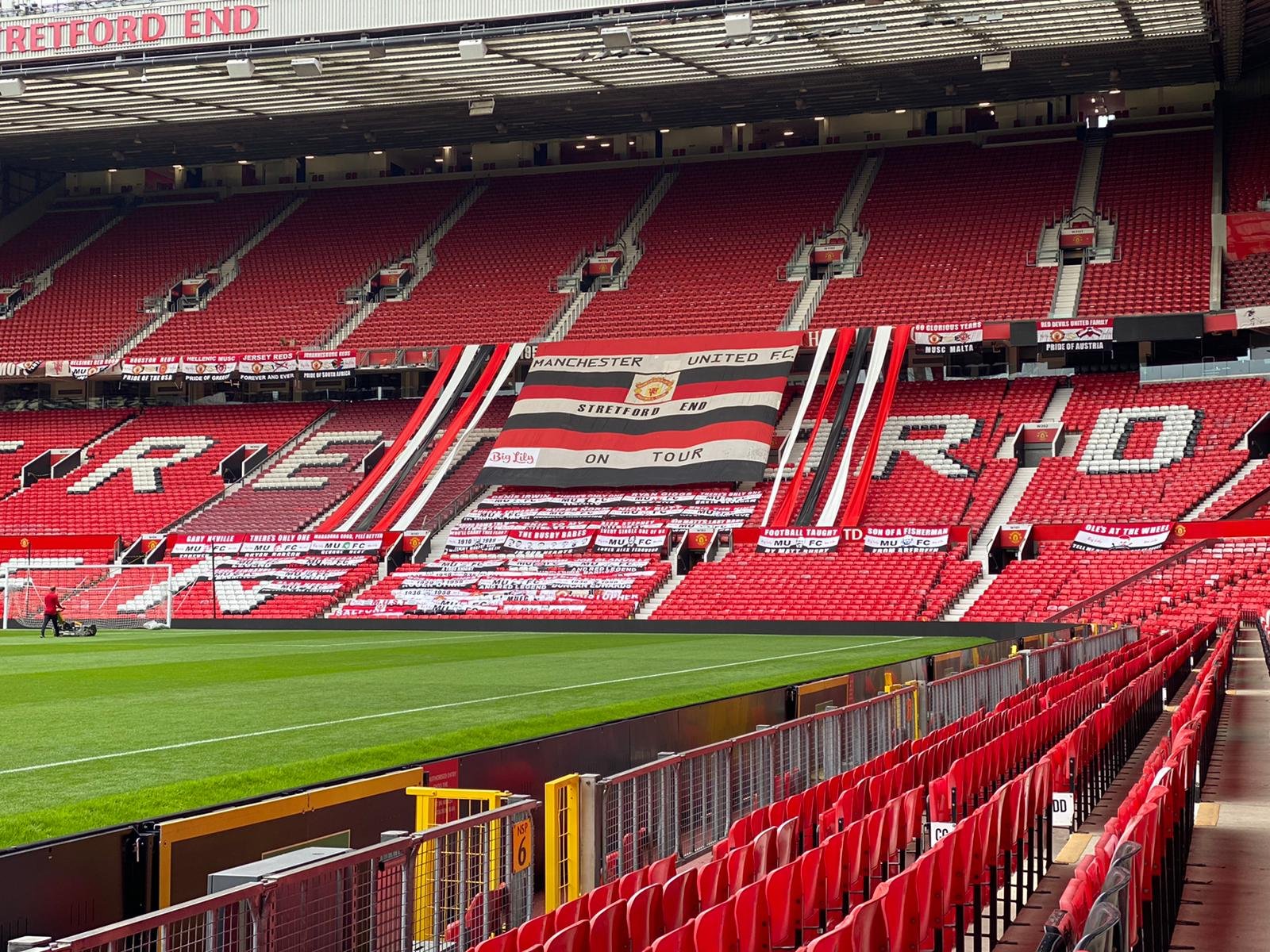 Old Trafford's Stretford End, where Carlos Baleba could make his United debut against Spurs